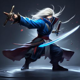 Master Yi, the powerful swordsman from League of Legends, in dynamic action pose with his glowing blue sword ready to strike.