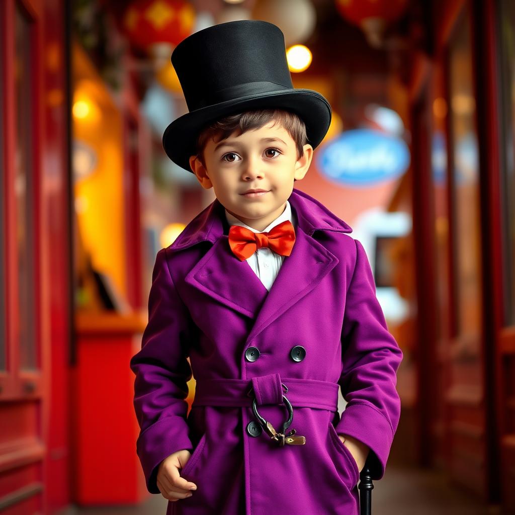 A young boy dressed in a stylish purple trench coat, complemented by a vibrant red bowtie