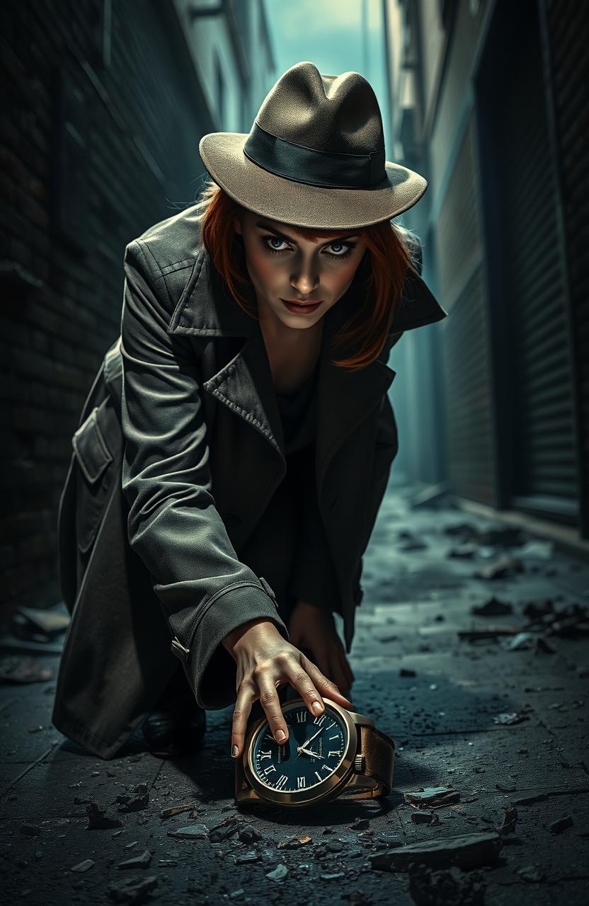 A female detective in a stylish coat and fedora, bending down to pick up a shattered wristwatch that is frozen at 3:12