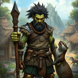 A full body depiction of a male half-orc shaman standing in a front view