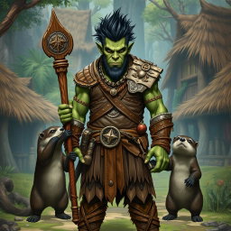 A full body depiction of a male half-orc shaman standing in a front view