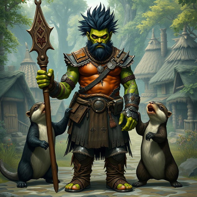 A full body depiction of a male half-orc shaman standing in a front view