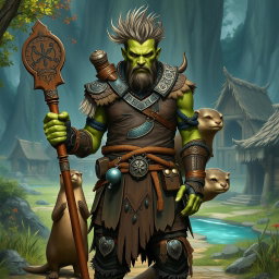 A full body depiction of a male half-orc shaman standing in a front view