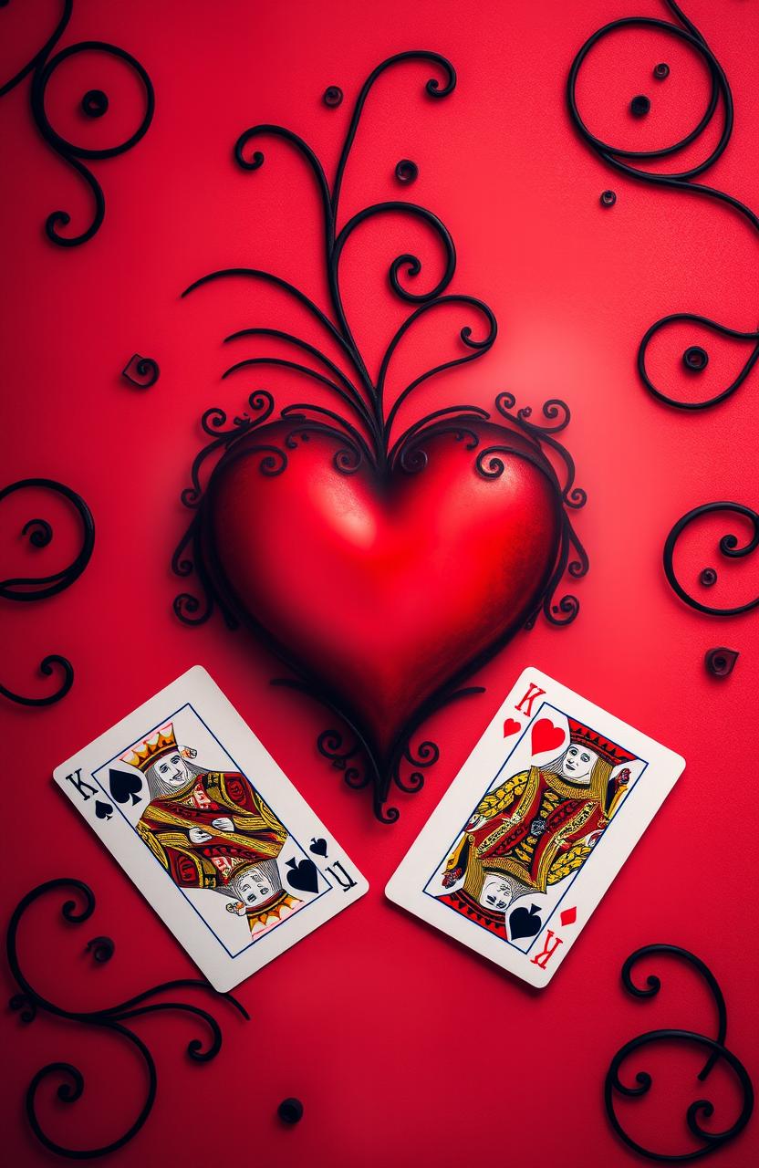 A beautifully crafted misty red heart adorned with intricate black swirls surrounding it, creating a dreamy and romantic atmosphere