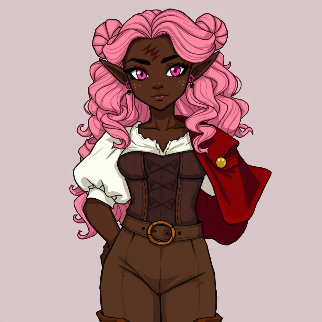 A semi-elf woman with very dark brown skin and almond-shaped pink eyes, adorned with white freckles and a distinctive scar resembling two claw marks on her left eyebrow