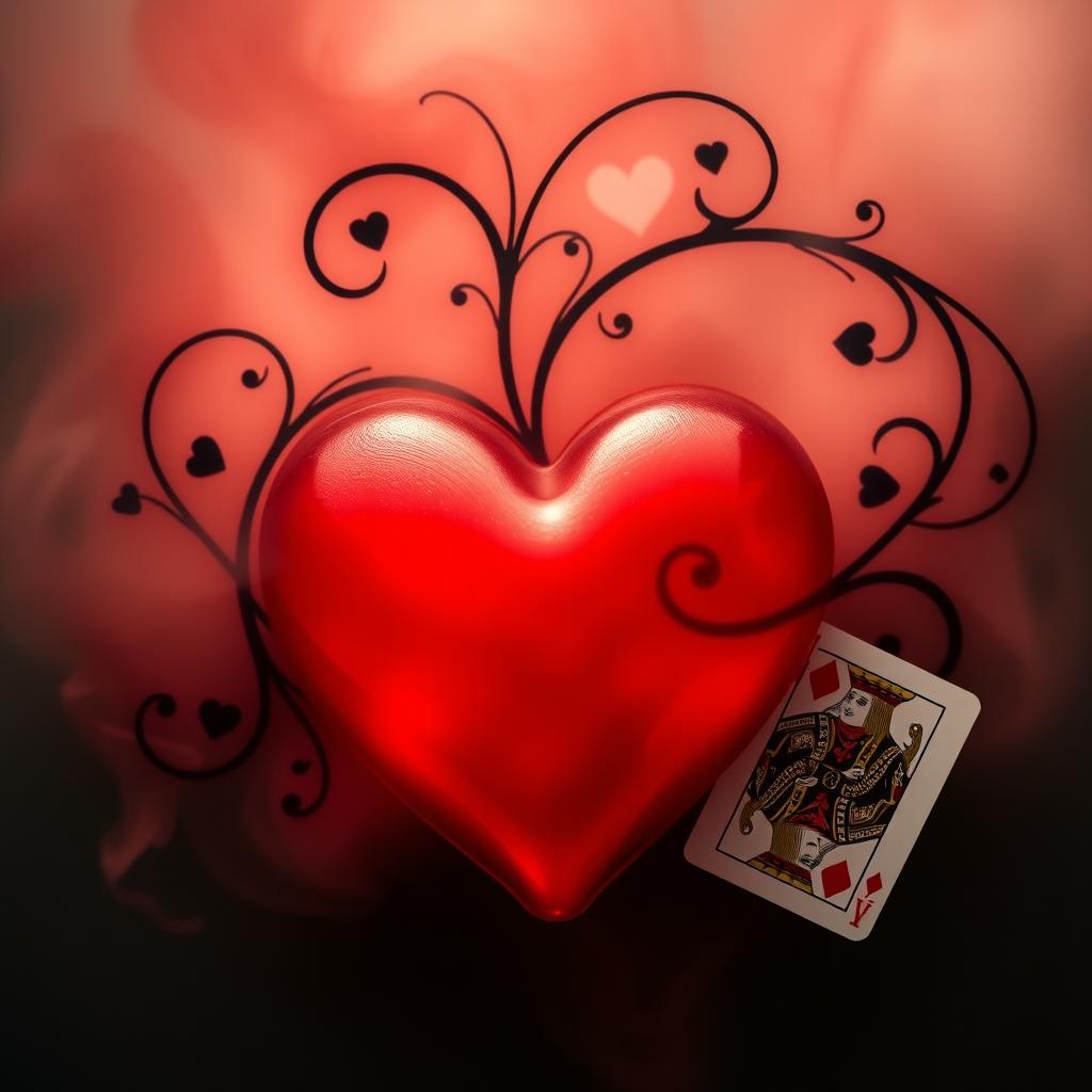 A misty red heart, beautifully entwined with elegant black swirls, exuding a sense of romantic mystery