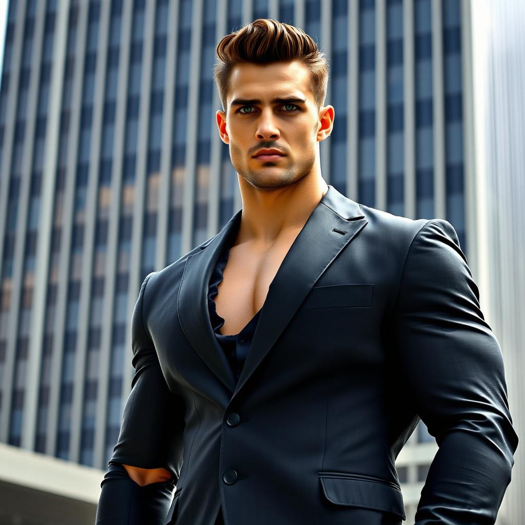 A tall, imposing muscular man standing confidently in a sharp black suit