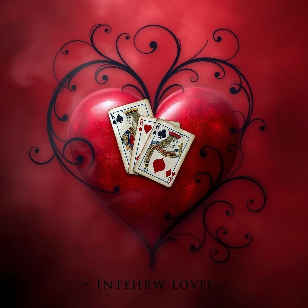 A misty red heart intertwined with elegant black swirls, exuding a sense of romantic mystery, titled 'Intekhab: The Spirit's Choice'