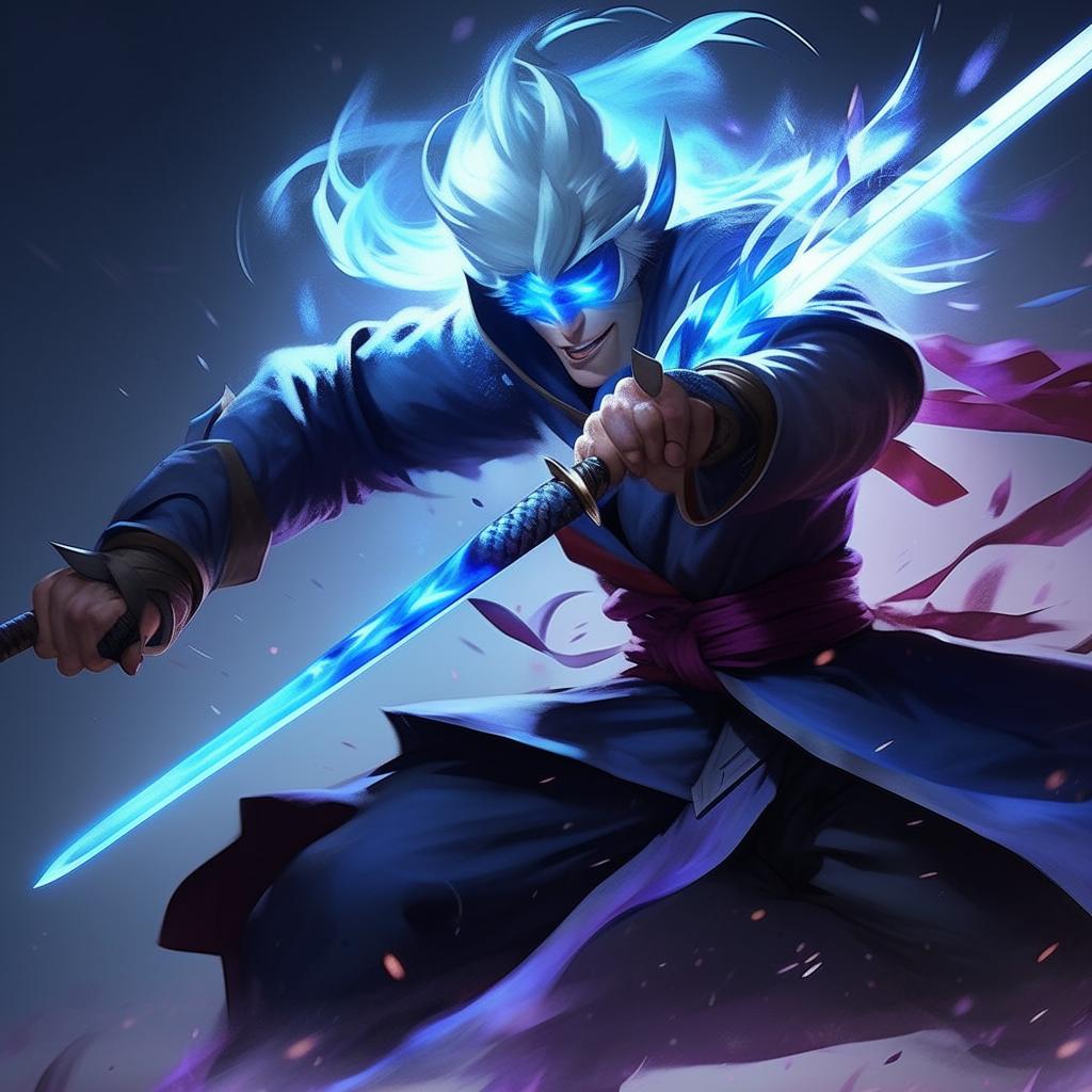 Master Yi, the powerful swordsman from League of Legends, in dynamic action pose with his glowing blue sword ready to strike.