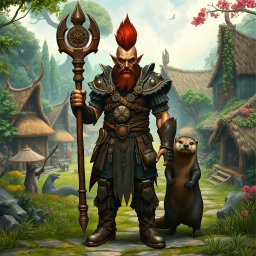 A full body male half-orc shaman standing in front view, showcasing intricate leather armor