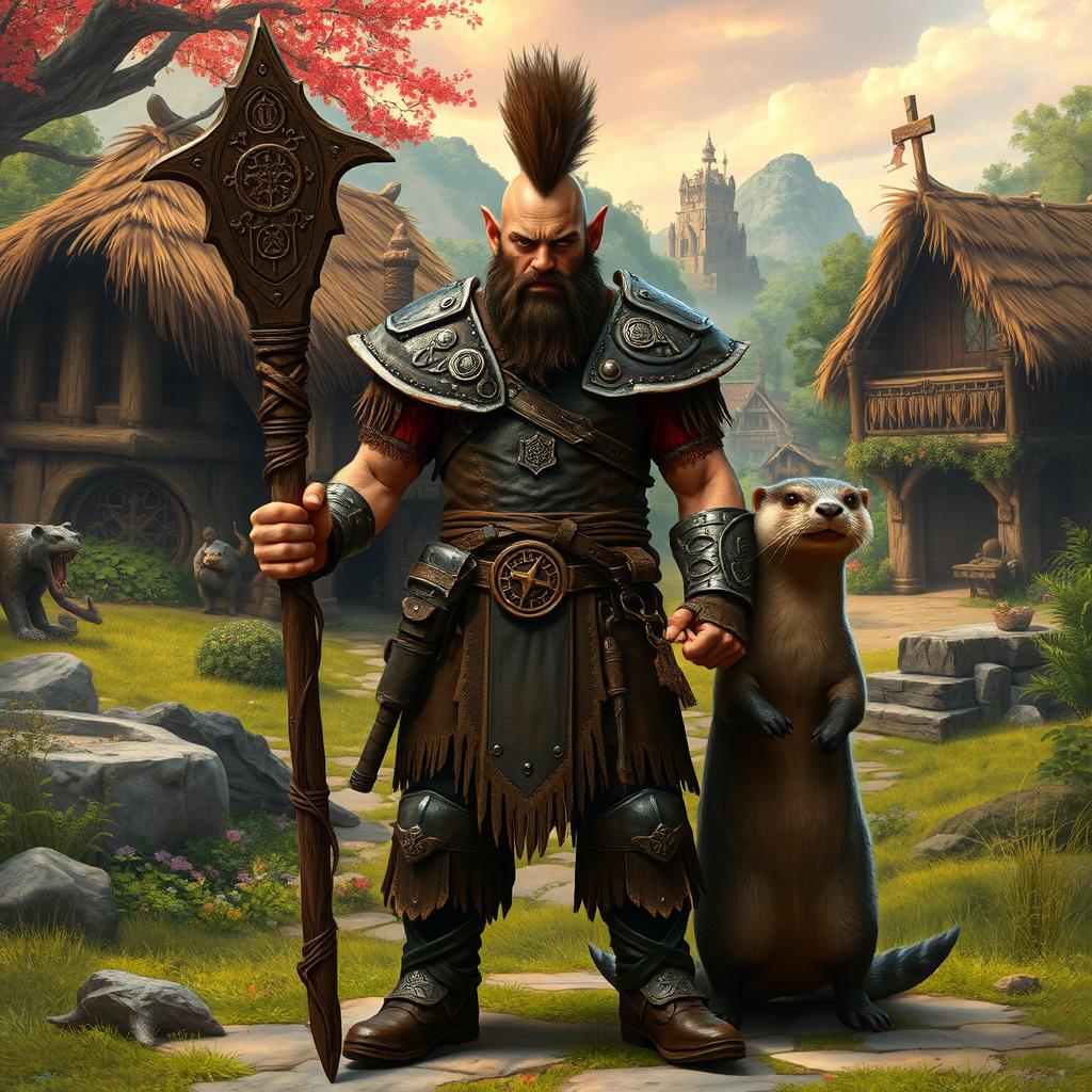 A full body male half-orc shaman standing in front view, showcasing intricate leather armor
