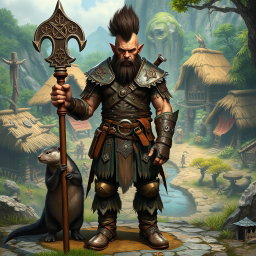 A full body male half-orc shaman standing in front view, showcasing intricate leather armor