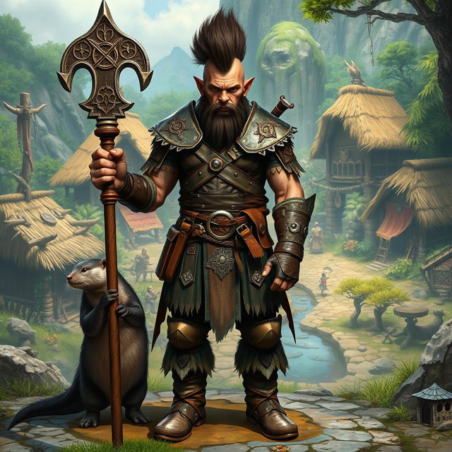 A full body male half-orc shaman standing in front view, showcasing intricate leather armor