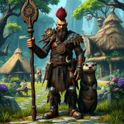 A full body male half-orc shaman standing in front view, showcasing intricate leather armor