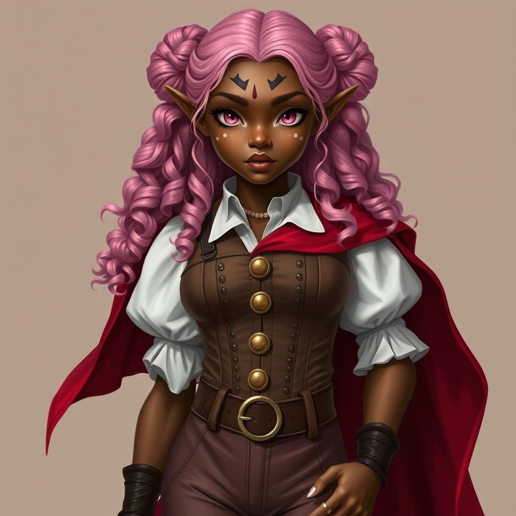 A semi-elf woman with very dark brown skin and almond-shaped pink eyes, adorned with white freckles and a distinctive scar resembling two claw marks on her left eyebrow