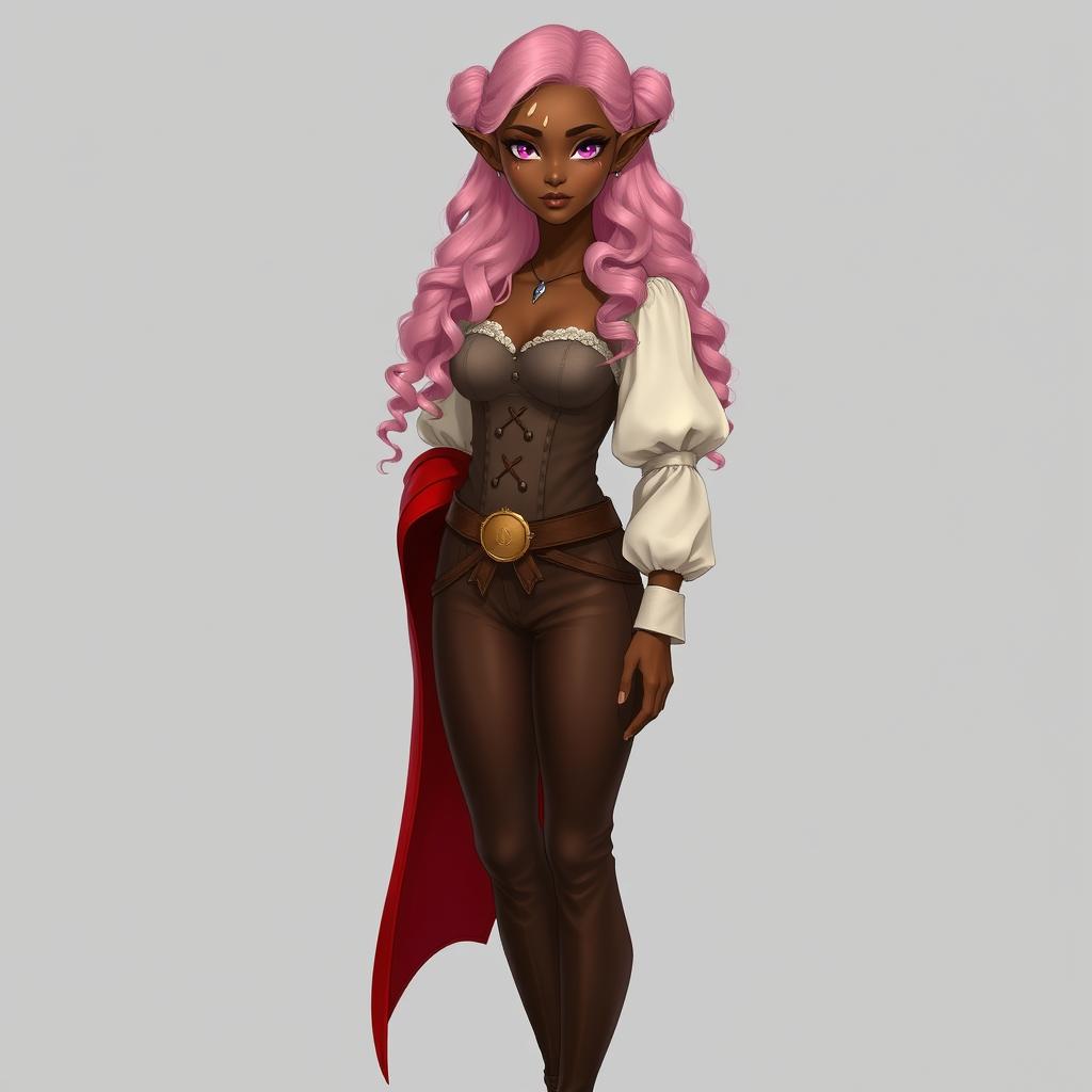 A full-body depiction of a semi-elf woman with very dark brown skin and almond-shaped pink eyes, featuring white freckles and a noticeable scar resembling two claw marks on her left eyebrow