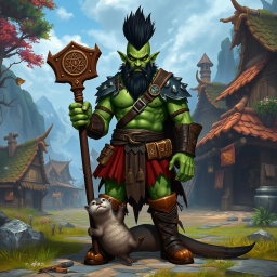 A full body male half-orc shaman with green skin, wearing leather armor and boots, standing in a front view posture