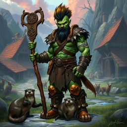 A full body male half-orc shaman with green skin, wearing leather armor and boots, standing in a front view posture