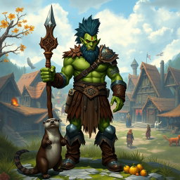 A full body male half-orc shaman with green skin, wearing leather armor and boots, standing in a front view posture