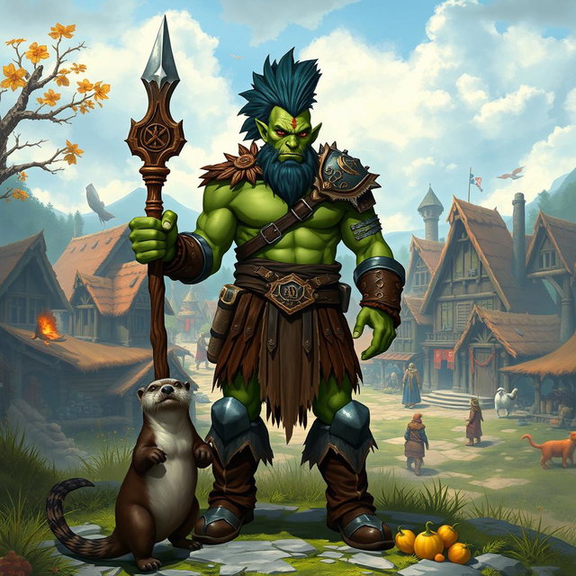 A full body male half-orc shaman with green skin, wearing leather armor and boots, standing in a front view posture
