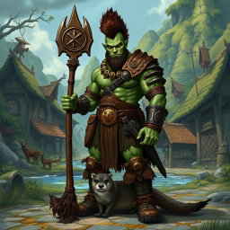 A full body male half-orc shaman with green skin, wearing leather armor and boots, standing in a front view posture