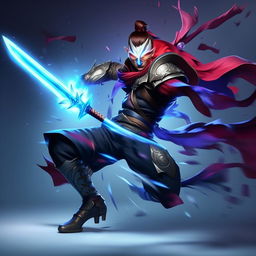 Master Yi, the powerful swordsman from League of Legends, in dynamic action pose with his glowing blue sword ready to strike.