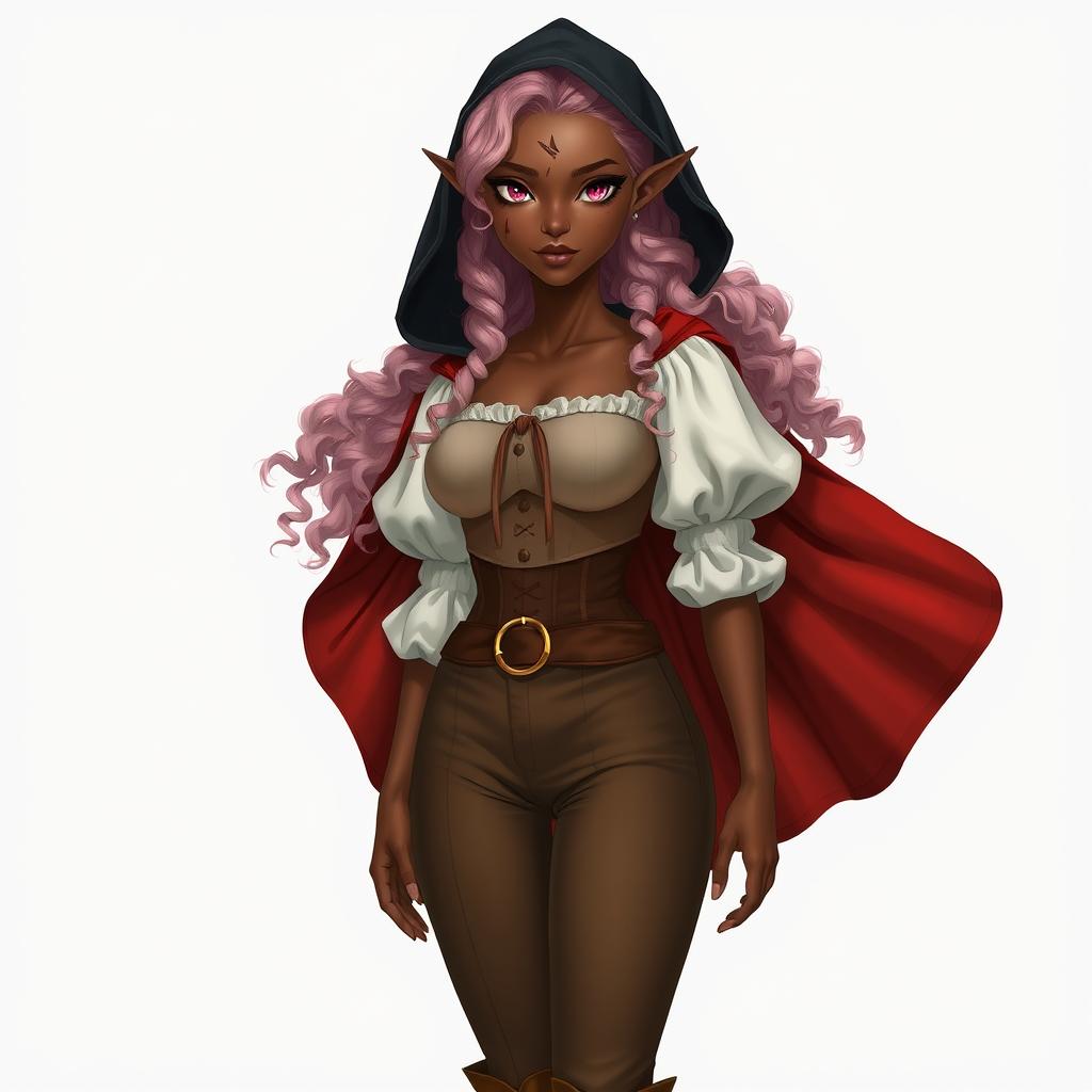 A full-body depiction of a semi-elf woman with very dark brown skin and almond-shaped pink eyes, featuring white freckles and a notable scar resembling two claw marks on her left eyebrow