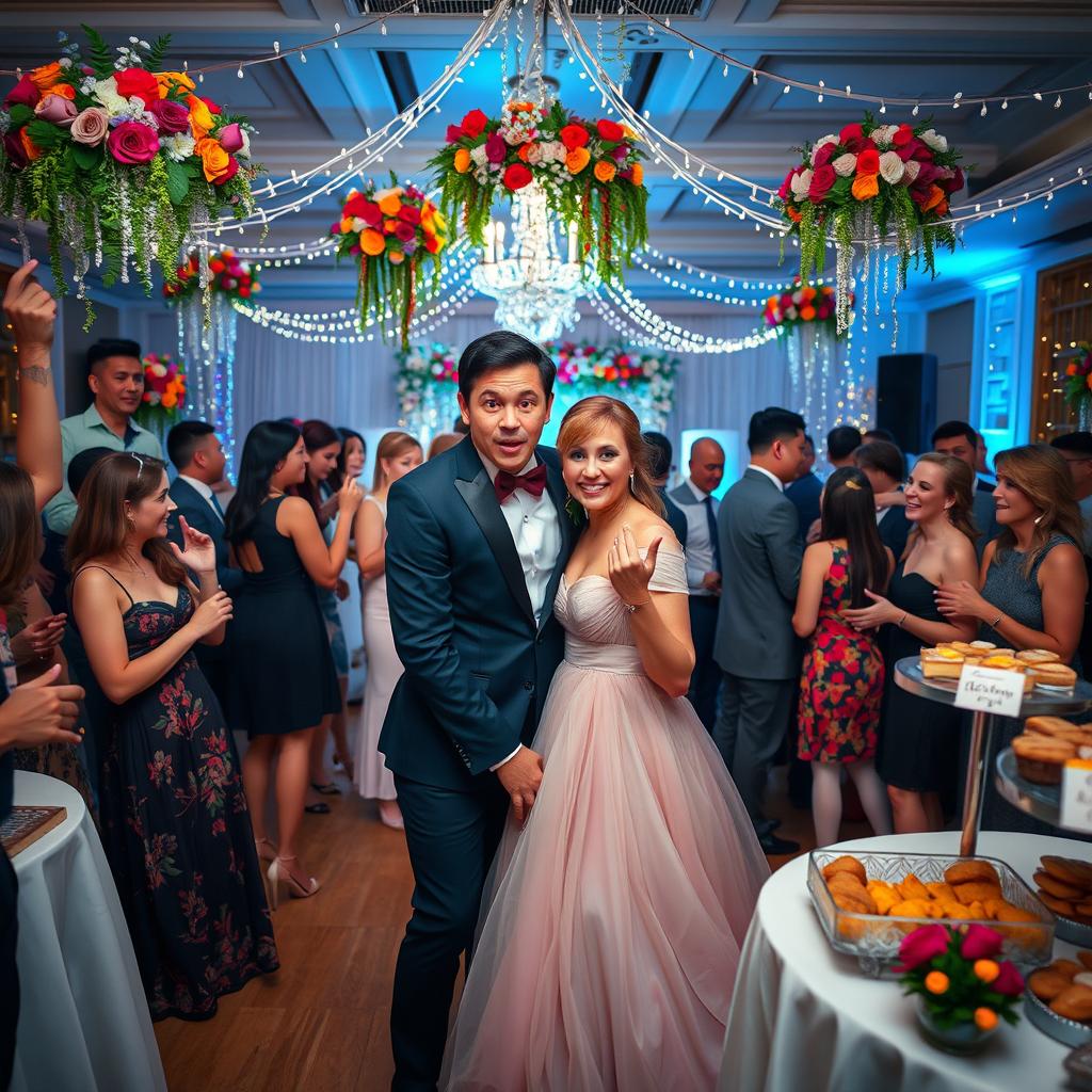 A lively wedding party scene with a couple unexpectedly bumping into each other amidst a jubilant atmosphere