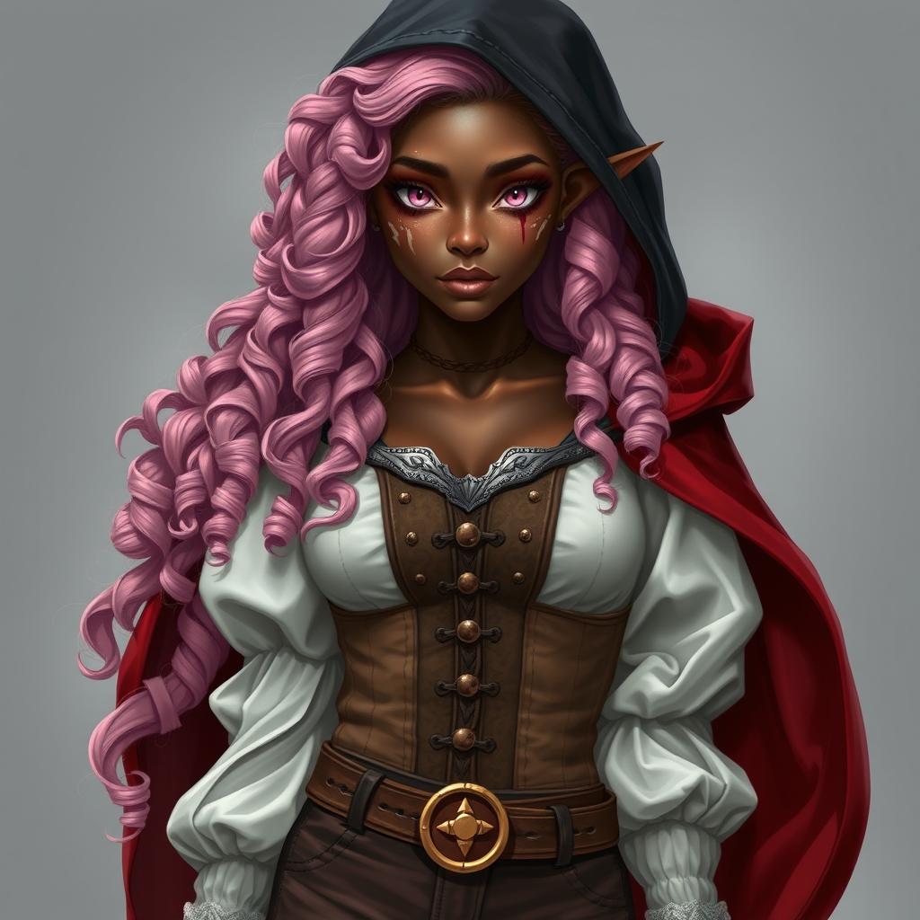 A full-body depiction of a semi-elf woman with very dark brown skin and almond-shaped pink eyes, adorned with white freckles and a distinctive scar resembling two claw marks on her left eyebrow