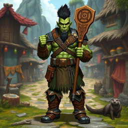A full body portrait of a male half-orc shaman with green skin, standing proudly in front view
