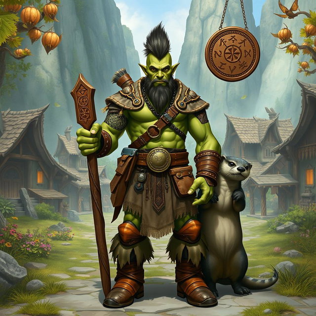 A full body portrait of a male half-orc shaman with green skin, standing proudly in front view