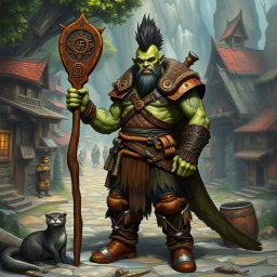 A full body portrait of a male half-orc shaman with green skin, standing proudly in front view