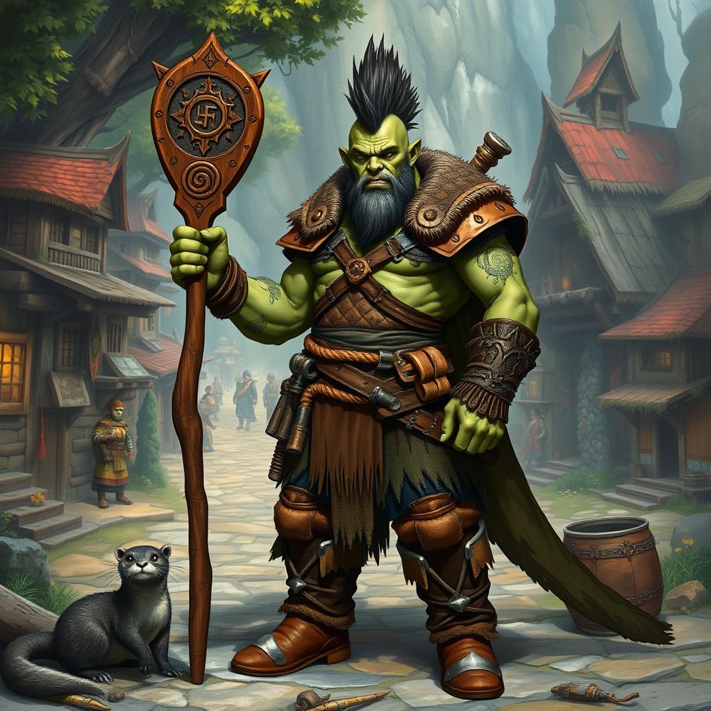 A full body portrait of a male half-orc shaman with green skin, standing proudly in front view