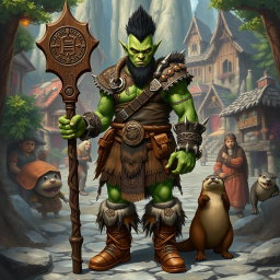 A full body portrait of a male half-orc shaman with green skin, standing proudly in front view
