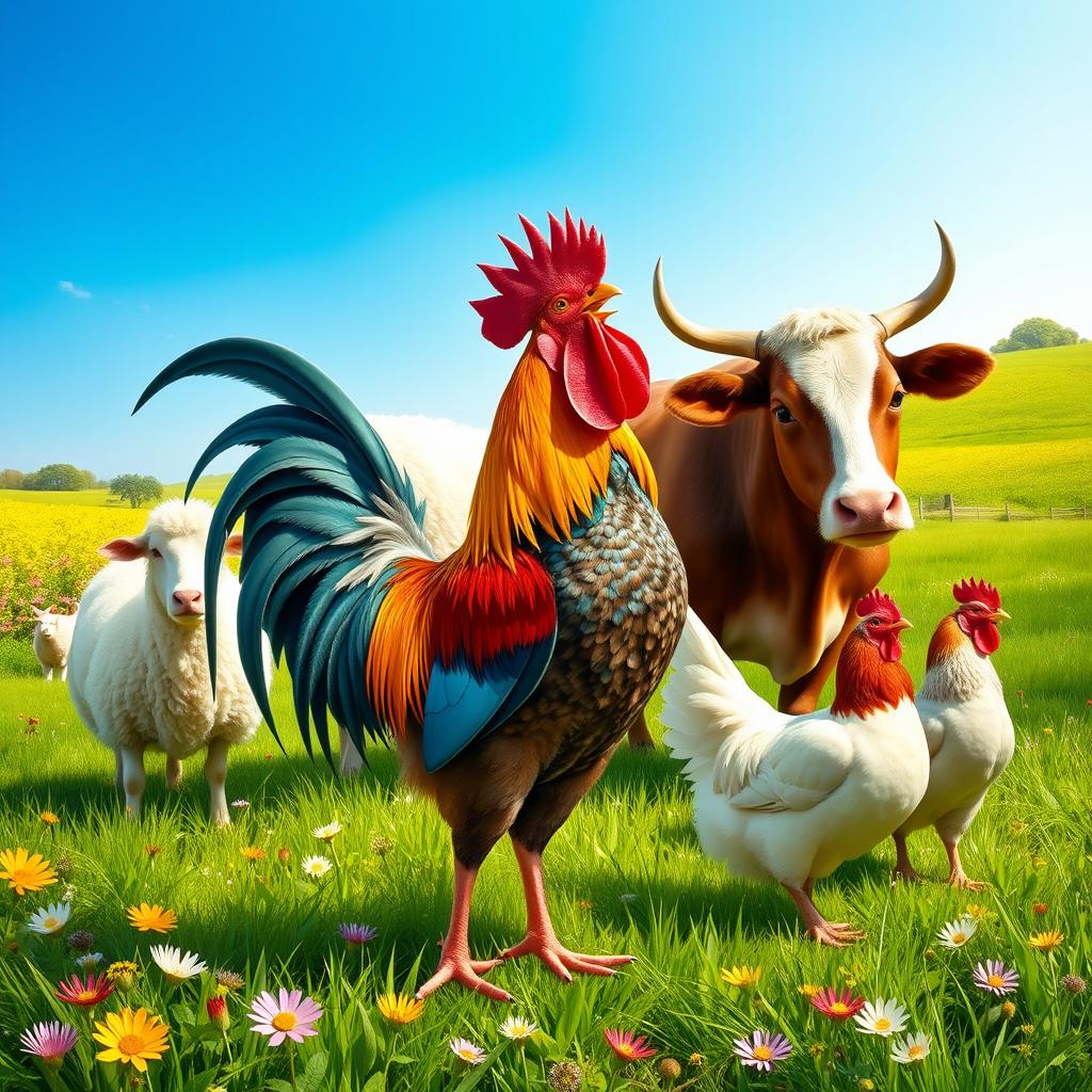 A vibrant and colorful rural scene featuring a proud, singing rooster with beautiful plumage standing next to a fluffy sheep, a strong cow, and a hen