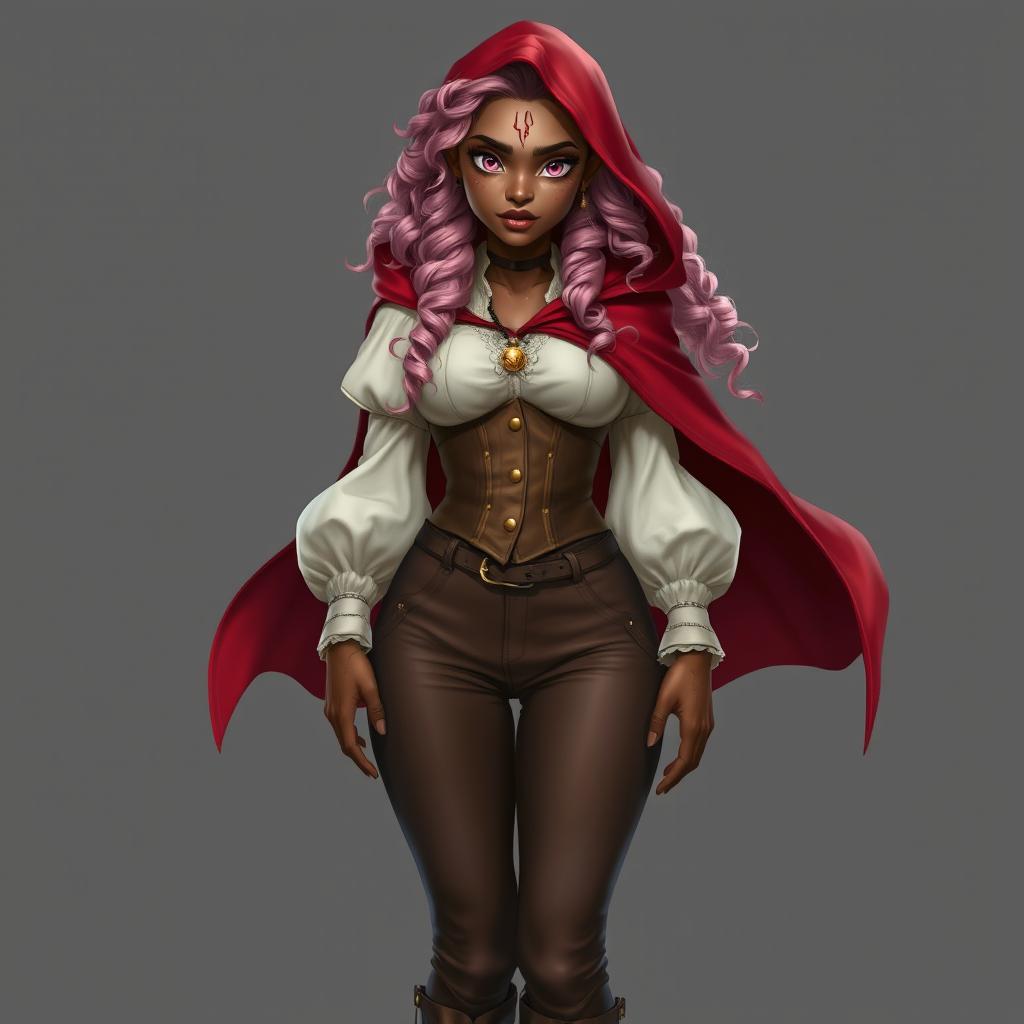 A full-body depiction of a semi-elf woman with very dark brown skin and almond-shaped pink eyes, featuring white freckles and a noticeable scar resembling two claw marks on her left eyebrow