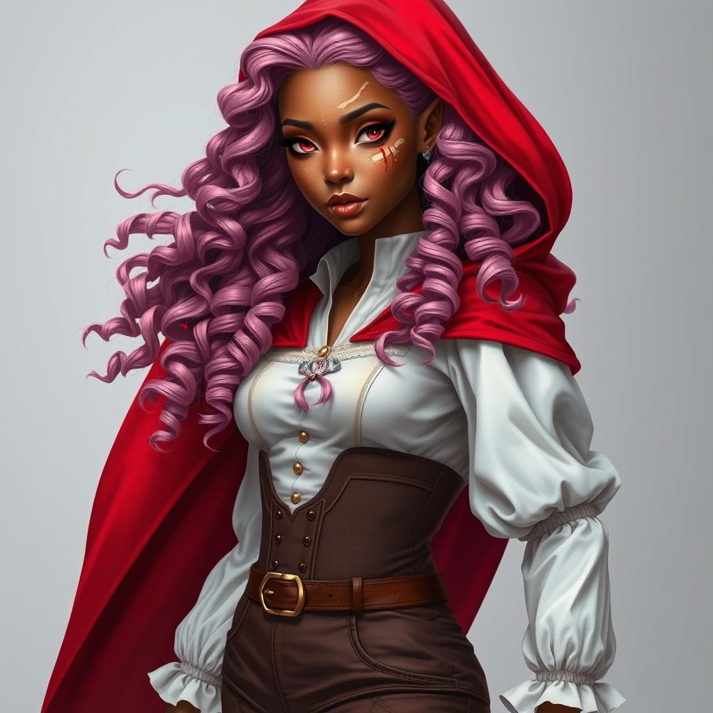 A full-body depiction of a semi-elf woman with very dark brown skin and almond-shaped pink eyes, adorned with white freckles and a striking scar resembling two claw marks on her left eyebrow