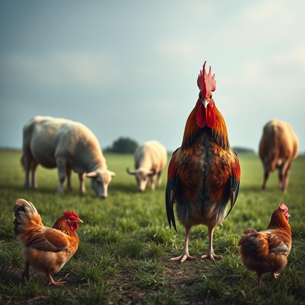 A poignant rural scene depicting a proud rooster looking visibly upset as he stands apart from a sheep, a cow, and a hen