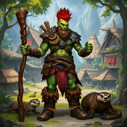 A full body male half-orc shaman with green skin wearing leather armor and sturdy boots