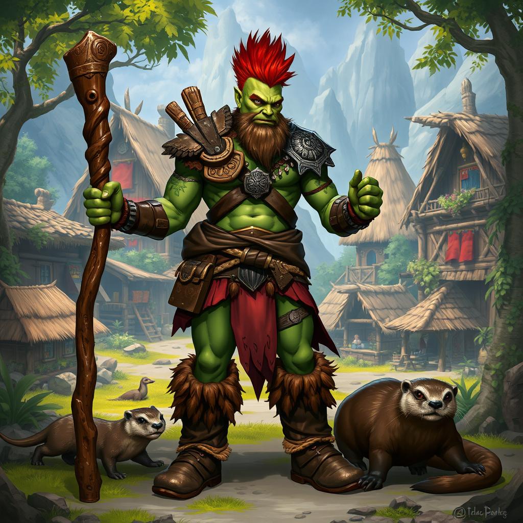 A full body male half-orc shaman with green skin wearing leather armor and sturdy boots