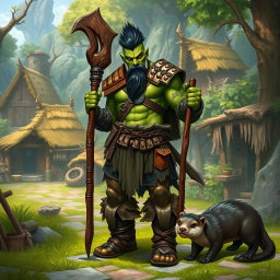 A full body male half-orc shaman with green skin wearing leather armor and sturdy boots
