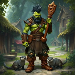 A full body male half-orc shaman with green skin wearing leather armor and sturdy boots
