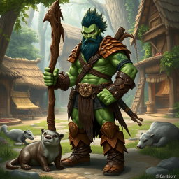A full body male half-orc shaman with green skin wearing leather armor and sturdy boots