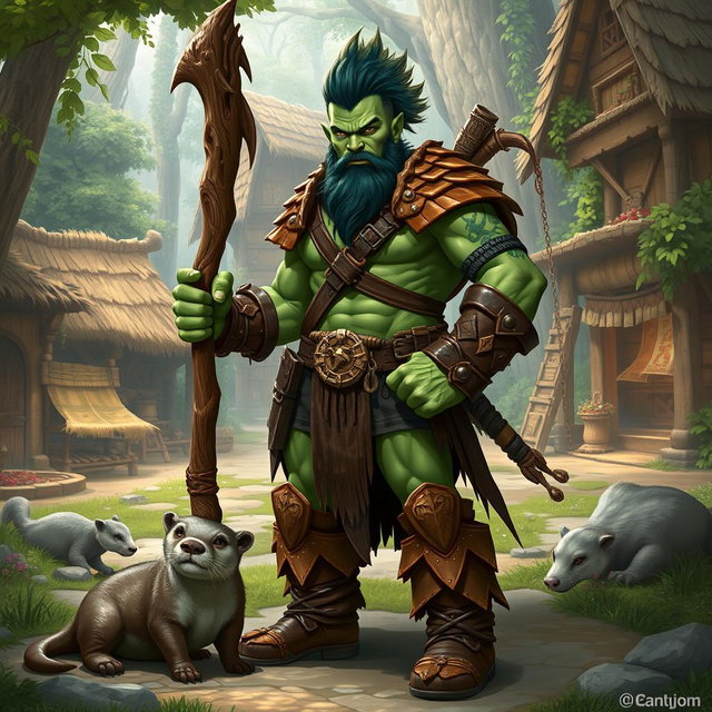 A full body male half-orc shaman with green skin wearing leather armor and sturdy boots