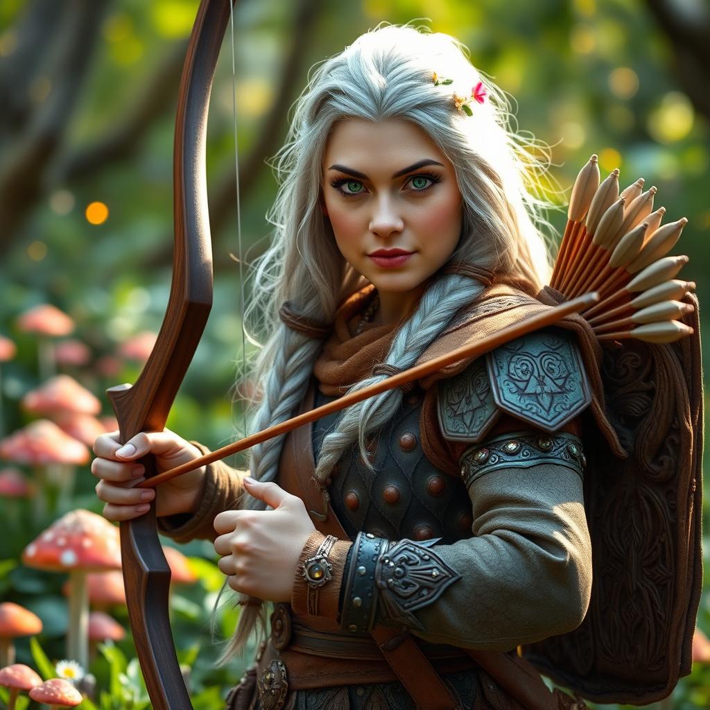 An ancient and wise female gnome archer, standing confidently in a vibrant forest