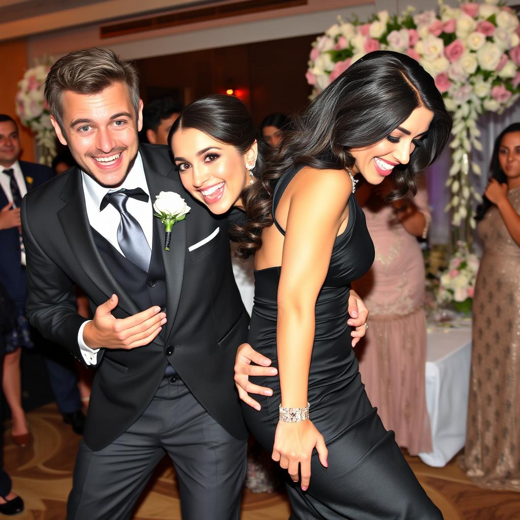 A lively scene at a friend's wedding featuring a couple having a playful, haphazard bump as they interact