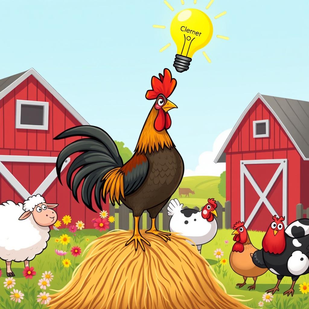 A whimsical illustration of a clever rooster having a brilliant idea, depicted with a light bulb glowing above his head