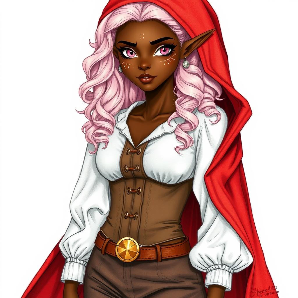 A full-body drawing of a semi-elf woman with very dark brown skin and almond-shaped pink eyes, featuring white freckles and an evident scar resembling two claw marks on her left eyebrow