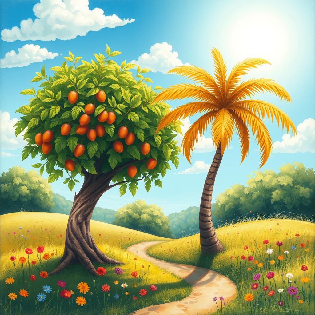 A whimsical and colorful painting of a hazel tree and a palm tree playfully embracing each other in a sunny landscape
