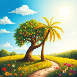 A whimsical and colorful painting of a hazel tree and a palm tree playfully embracing each other in a sunny landscape